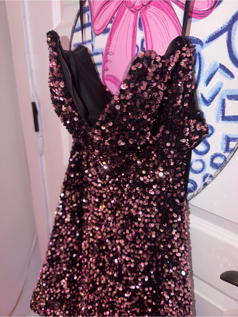 Strapless Sequin Mini Dress - Pink Black Sparkle